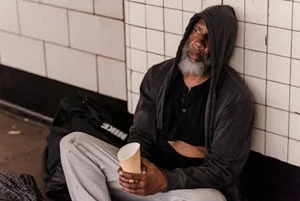 Homeless African American Man sitting on the ground with a cup in his hand